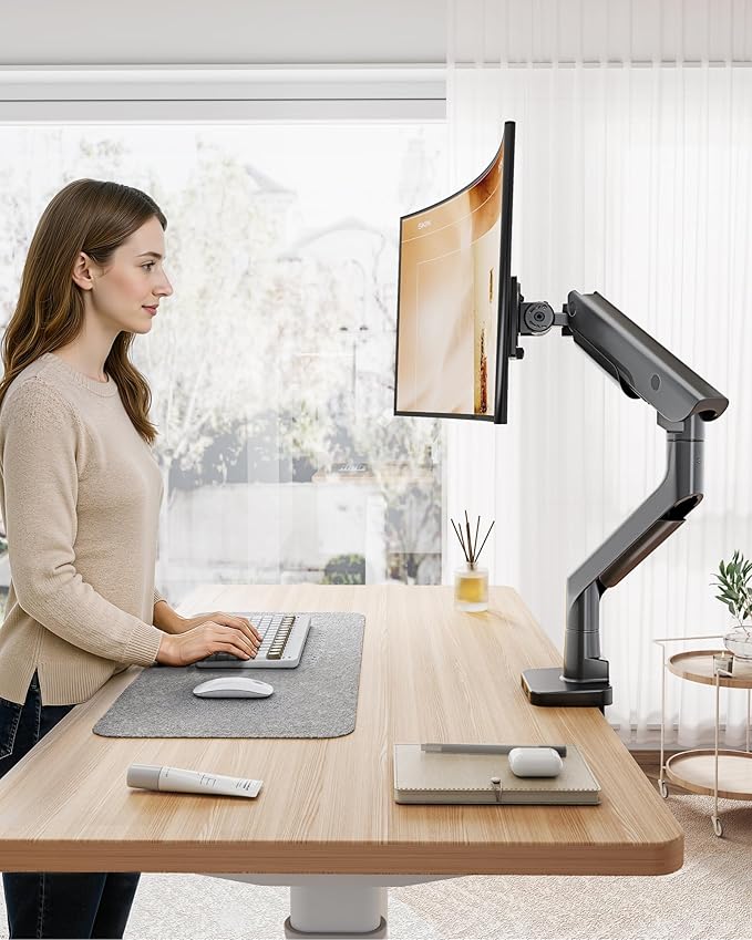 monTEK Sleek Aluminum Monitor Arm for 17–57” Ultrawide Screens up to 59 lbs, USB 3.0 A/C, Heavy Duty Single Monitor Arm Desk Mount, Pneumatic Lift, Quick-Release Plate, Clamp/Grommet, VESA 100x100