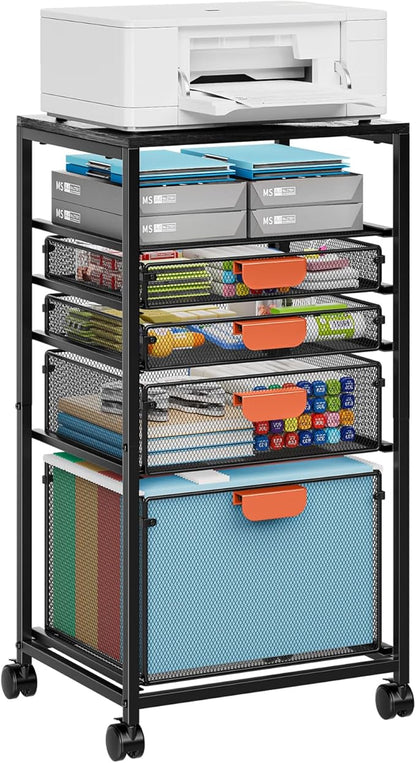 Marbrasse Rolling File Cart with 4 Storage Drawers, Mobile File Cabinet on Lockable Wheels, Hanging Filing Cabinet Organize, Under Desk Utility Cart for Home Office
