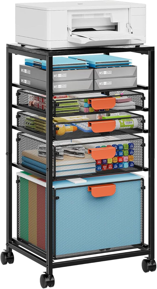 Marbrasse Rolling File Cart with 4 Storage Drawers, Mobile File Cabinet on Lockable Wheels, Hanging Filing Cabinet Organize, Under Desk Utility Cart for Home Office