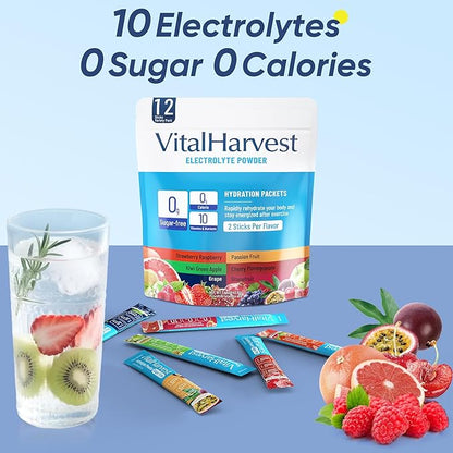 12 Sticks Electrolytes Powder Packets No Sugar Hydration Packets Electrolyte Liquid Daily IV Drink Mix with Strawberry Raspberry, Passion Fruit, Kiwi Green Apple, Cherry Pomegranate, Grape, Grapefruit