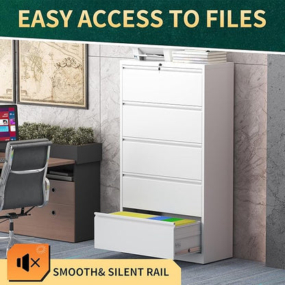 5 Drawer Lateral File Cabinet with Lock, Metal File Cabinets for Home Office, Steel Heavy-Duty Filing Storage Cabinet for Letters/Legal/A4 (Require Assembly, White)