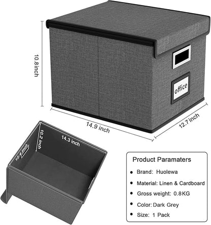 Collapsible File Storage Organizer Boxes with Lids, Linen Office Document Storage Box, Filing Box, Decorative Small File Box for Hanging File, Single File Box with Plastic Slide for Office/Decor/Home