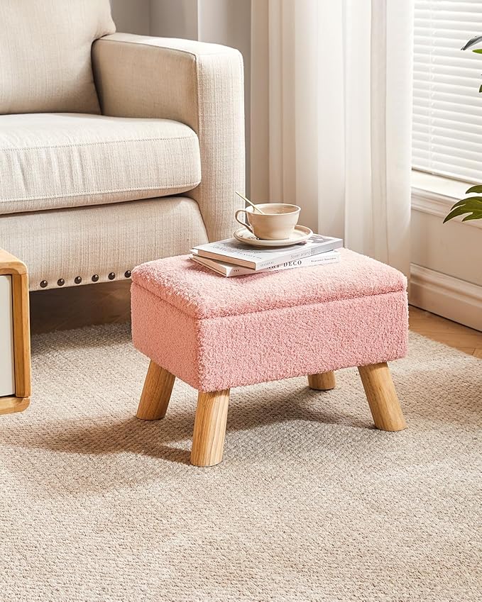 YMYNY Storage Ottoman, Footstool, Small Foot Stool with Sturdy Wood Legs Stool, Foot Rest with Padded Seat, for Living Room Bedroom Couch Enterway 15.75''D×11.81" W×11.02" H Pink UHBD042P