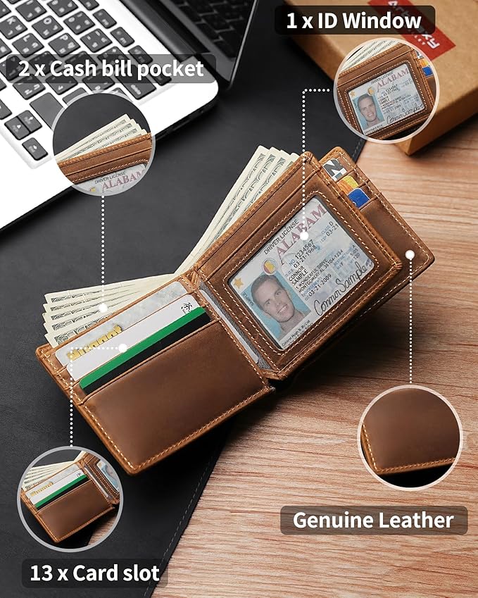 Mens Wallet Bifold Genuine Leather RFID Blocking Wallet for Men with 1 ID Window 13 Card Holders 2 cash pockets 1 Gift Box