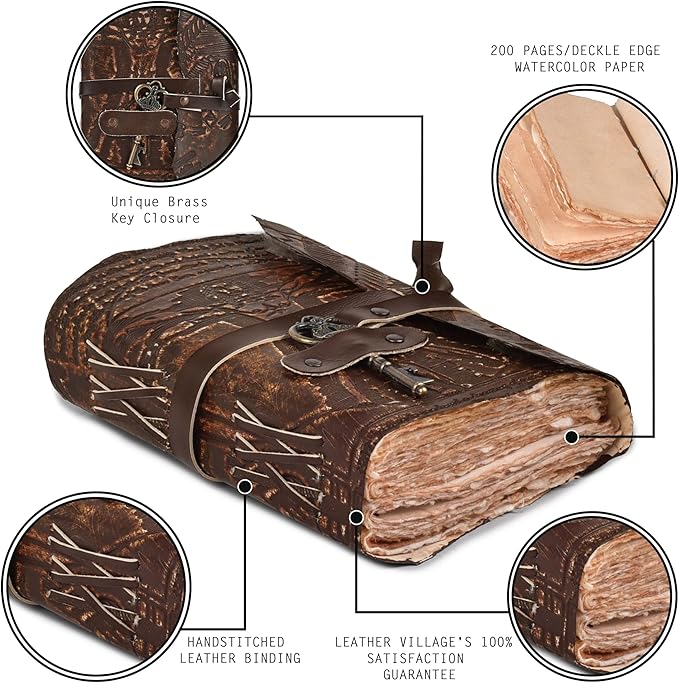 LEATHER VILLAGE Genuine Leather Handmade Journal for Men & Women – Vitruvian Man Embossed Cover – Key Closure – Book of Shadow – Vintage Deckle Edge Paper for Writing, Drawing – 7x5 Inches – Brown