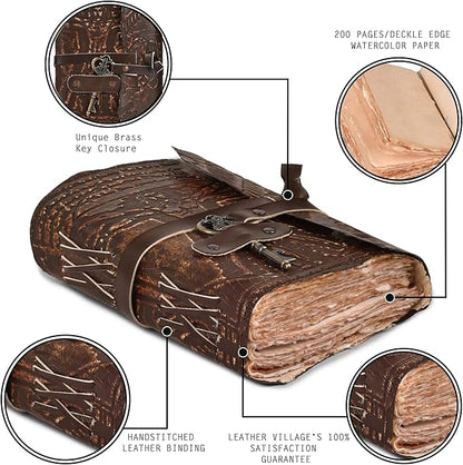 LEATHER VILLAGE Genuine Leather Handmade Journal for Men & Women – Vitruvian Man Embossed Cover – Key Closure – Book of Shadow – Vintage Deckle Edge Paper for Writing, Drawing – 7x5 Inches – Brown