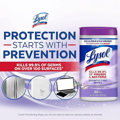 Lysol Disinfectant Wipes, Multi-Surface Antibacterial Cleaning Wipes, Dorm Room Essentials for Disinfecting and Cleaning, Early Morning Breeze, 80 Count (Pack of 6)