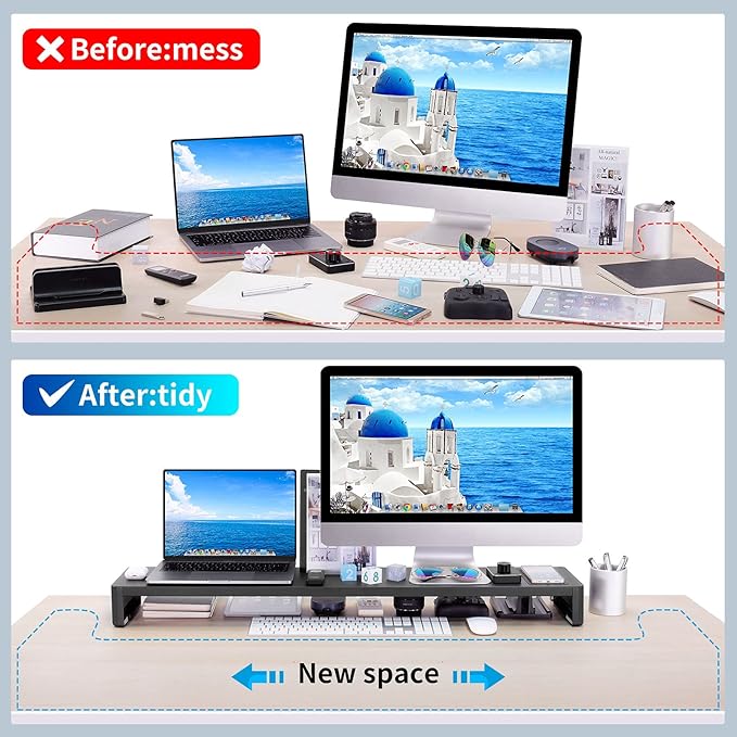 Dual Monitor Stand with Wireless Charging and 4 USB 3.0 Ports, Steel Monitor Stands for 2 Monitors, Metal Computer Stand Riser for Desk, Office, Laptop, PC up to 32 Inches (Black)