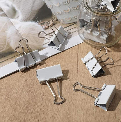 Jetec 200 Pcs 1.6in/41mm Metal White Binder Clips Bulk Medium Reusable Fold Back Binder Clips Paper Clamps Spring Steel Sturdy for Home School Office Supplies