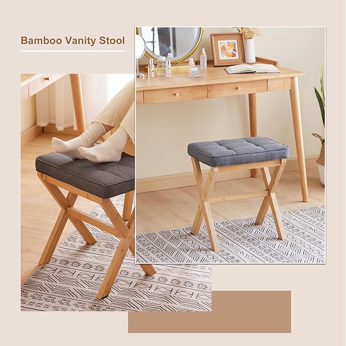 FILWH Foot Stool Small Ottoman Foot Rest Padded Foot Stool Desk Foot Stool for Under Office Desk Vanity Stool Bamboo Footstool Sofa Footrest Shoe Stool Small Foot Stools (Natural Legs + Gray)