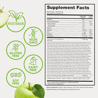 Zena Nutrition Organic Super Greens Powder, 70+ Superfoods, 0 Sugar, 3g Fiber, Spirulina, Chlorella, Mushrooms, Prebiotics/Probiotics, Digestive Enzymes, Gut Health, Green Apple, 30 Drink Mix Packets