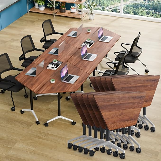 Conference Table, Foldable Conference Room Tables with Silent Wheels, Folding Modular Seminar Meeting Tables, Modern Rectangle Training Table for Office, Boardroom (10, Trapezoidal2, 47.2)