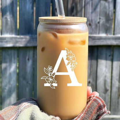 Personalized Tumbler, Monogrammed Can Glass Cups with Bamboo Lids and Straws, Customized Gifts for Women, Cute Design Initial Iced Coffee glasses, Custom Letter Mug, Birthday Bridesmaid, Z