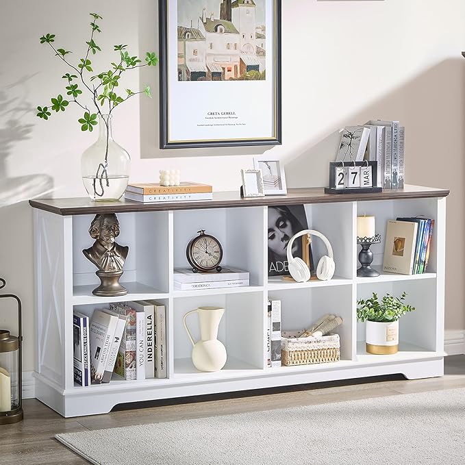 Book Shelf, 8 Cube Storage Organizer, 2-Tier Open Shelf Wooden Bookcase, Freestanding Wood Cube Storage Bookshelf for Bedroom, Living Room, Home Office (White)