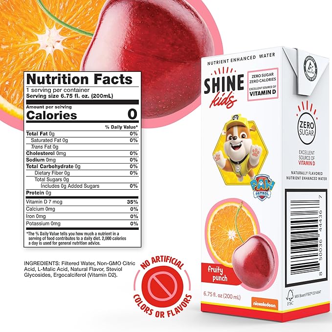 ShineWater Kids x Paw Patrol Vitamin D Fruity Punch Juice Boxes | No Added Sugar | Naturally Flavored Drink for Kids | Vegan Gluten Free Hydration | 32 Pack