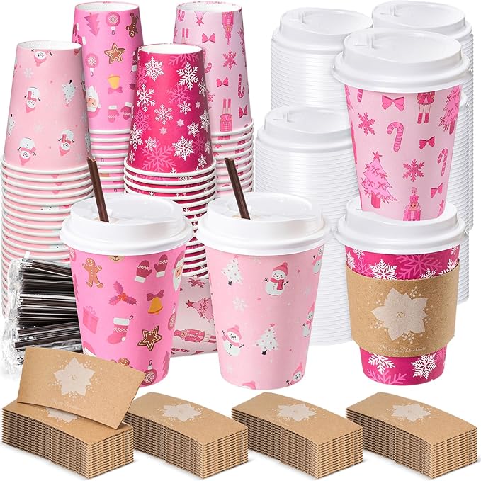 Lallisa 100 Sets Pink Christmas Disposable Coffee Paper Cups Bulk with Lids Sleeves & Straws, 12 oz Xmas Snowman Snowflake Coffee Cups for Hot Cold Cocoa Tea Holiday Party Supplies