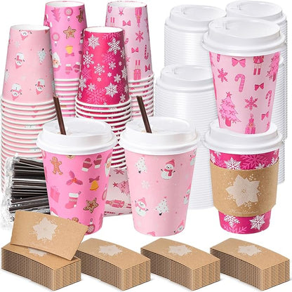 Lallisa 100 Sets Pink Christmas Disposable Coffee Paper Cups Bulk with Lids Sleeves & Straws, 12 oz Xmas Snowman Snowflake Coffee Cups for Hot Cold Cocoa Tea Holiday Party Supplies