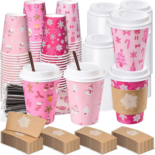 Lallisa 100 Sets Pink Christmas Disposable Coffee Paper Cups Bulk with Lids Sleeves & Straws, 12 oz Xmas Snowman Snowflake Coffee Cups for Hot Cold Cocoa Tea Holiday Party Supplies