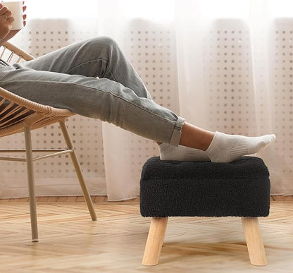 Storage Ottoman, Small Foot Stool Ottoman with Storage, Boucle Teddy Velvet Foot Rest with Padded Seat, Sturdy Wood Legs Stool for Living Room, Bedroom, Couch, Enterway (Black)