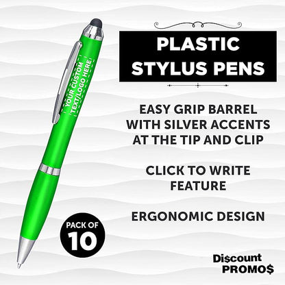 DISCOUNT PROMOS Custom Plastic Stylus Pens Set of 10, Personalized Bulk Pack - Black Ink, Great for Office, School, Business, Tradeshows, Events - Green