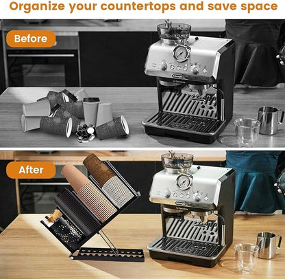 Cup and Lid Holder, Adjustable Coffee Cup Holder Organizer, 4 Compartment Disposable Cup Dispenser with Mesh Basket for Coffee Pod Straw Storage, Countertop, Office Breakroom (Black)