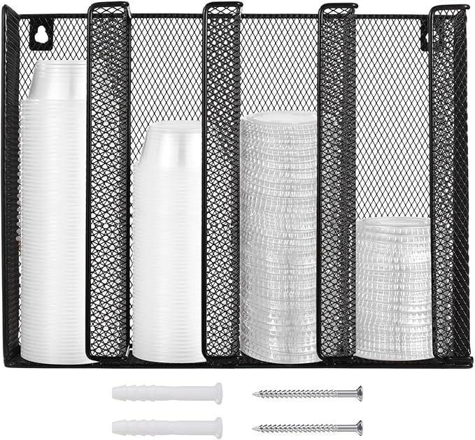 Wall Mount Portion Sauce Cup Lid Organizer, Black Metal Mesh Sauce Cup Dispenser, 4 Compartment for Stacking Plastic Disposable Cup and Lid Storage For Kitchen Restaurant Coffee Bar,Easy Installatio