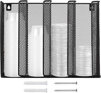 Wall Mount Portion Sauce Cup Lid Organizer, Black Metal Mesh Sauce Cup Dispenser, 4 Compartment for Stacking Plastic Disposable Cup and Lid Storage For Kitchen Restaurant Coffee Bar,Easy Installatio
