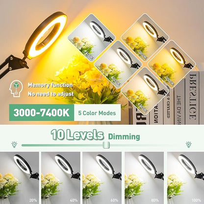 12X & 30X Magnifying Glass with Light, Ultra Long 3 Section Swing Arm LED Desk Lamp with Large Clamp, 5 Color and Brightness Hands Free Magnifier Light and Stand for Workbench Crafts Soldering