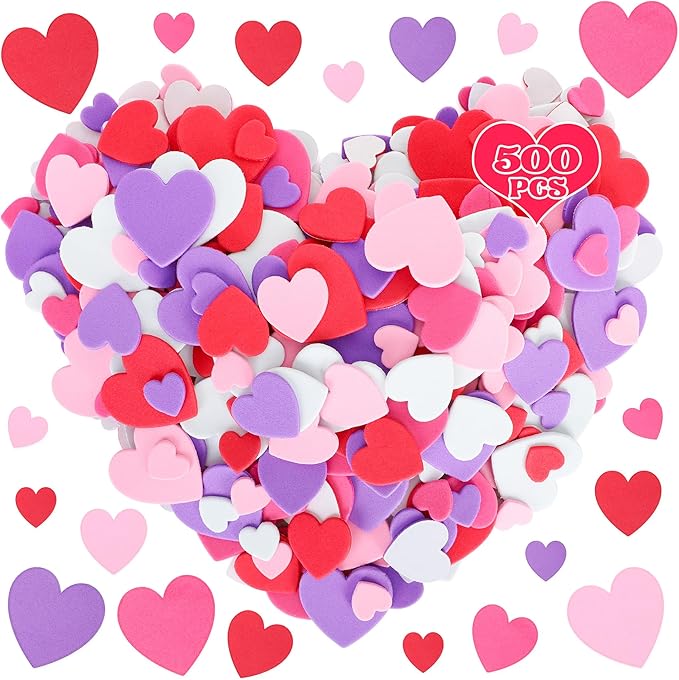 500 PCS Valentines Stickers, Matte Foam Hearts Stickers Bulk, Self-Adhesive Hearts Valentines Decor, 3 Sizes Red Purple Pink Foam Valentine Stickers Wedding Decoration Card Envelope DIY Crafts