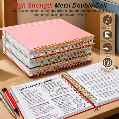 Hardcover Spiral Notebook 8.5"x11" Journal Notebook with Tabs and Removable Dividers 300 Pages 5 Subject Notebook College Ruled, Faux Leather Spiral Bound Notebook for Women School Work(Red)