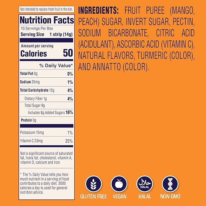 Welch’s Absolute Fruitfuls Fruit Strips, Tasty Dried Fruit Snacks for School Lunches, Mango Peach, 0.5oz (Pack of 10)