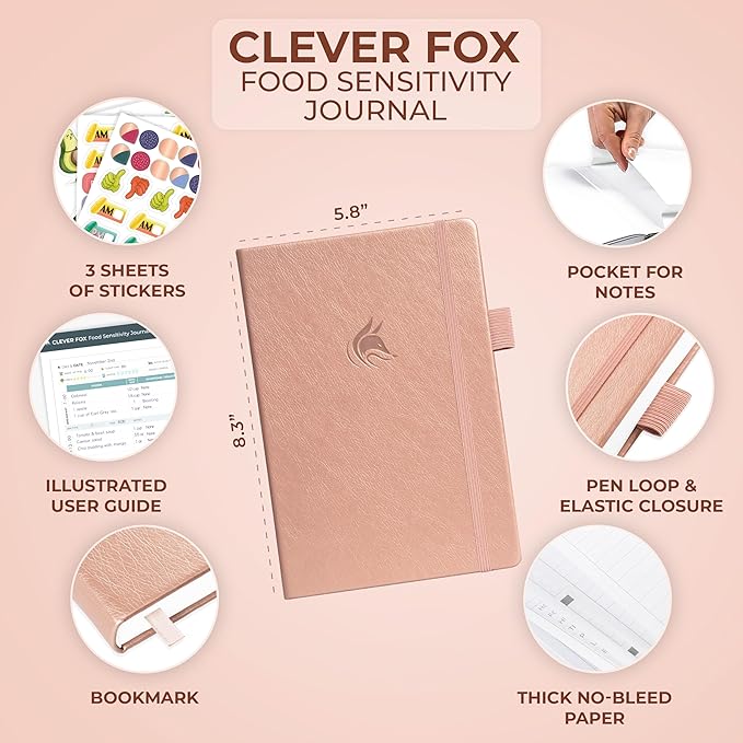 Clever Fox Food Sensitivity Journal – Daily Intolerance & Symptom Log for IBS, Diabetic, Low Fodmap, Elimination Diet – Health Tracker (Rose Gold)