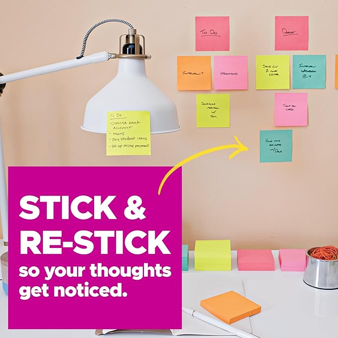 Post-it Super Sticky Notes, 8 Sticky Note Pads, 6 x 4 in., School Supplies, Office Products, Sticky Notes for Vertical Surfaces, Monitors, Walls and Windows, Energy Boost Collection