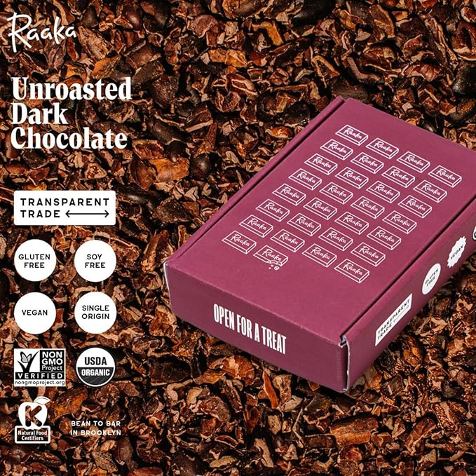 Raaka 100% Dark Chocolate Mini Bars | Unsweetened, Bitter, No Added Sugar or Artificial Sweeteners | Organic, Vegan, Gluten Free, Paleo, Kosher | Box of 30 Individually Wrapped Chocolates