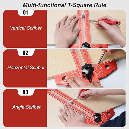 Woodworking Scriber Marking Line Ruler, Adjustable up to 18 inches Aluminum Alloy T-Square Ruler, Sliding Precision Line Drawing Angel Ruler with 1 pcs Carpenter Pencil