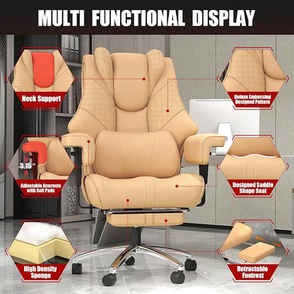 600lbs Big and Tall Office Chair - Wide Ergonomic Leather Executive Chair with Footrest, Lumbar Support & Swivel Wheels (Brown)
