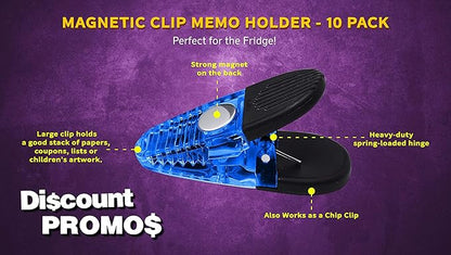 10 Magnetic Memo Holders Set - Customizable Text, Logo - Large Clip, Plastic - TBlue