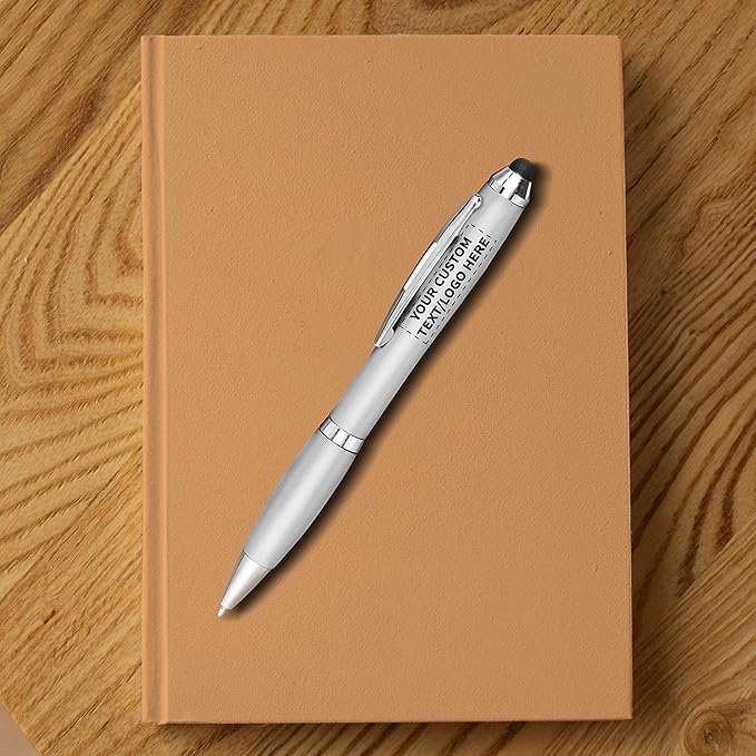 DISCOUNT PROMOS Custom Plastic Stylus Pens Set of 100, Personalized Bulk Pack - Black Ink, Great for Office, School, Business, Tradeshows, Events - Silver