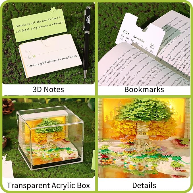 Time Piece Calendar 2026 Desk Calendar 3D Memo Pad Weekly Calendar Tear-Away Paper Carving Art Notepad Gift for Thanksgiving Christmas With LED Lights for Desktop Decor-Flower Island