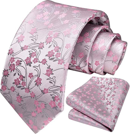 HISDERN Men Floral Ties Woven Classic 3.4" Necktie Set Formal Tie Pocket Square for Wedding with Handkerchief Gift Box