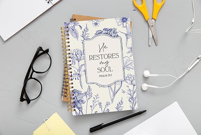 Christian Notebook for Women, Christian Art Gifts Journal, Prayer Journal for Women, Bible Journaling Notebook, PSALM 23:3 He Restores My Soul Floral Spiral Notebook 5.5x8.3