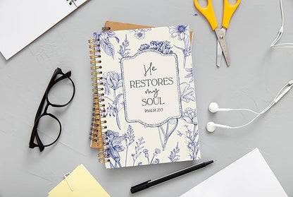 Christian Notebook for Women, Christian Art Gifts Journal, Prayer Journal for Women, Bible Journaling Notebook, PSALM 23:3 He Restores My Soul Floral Spiral Notebook 5.5x8.3