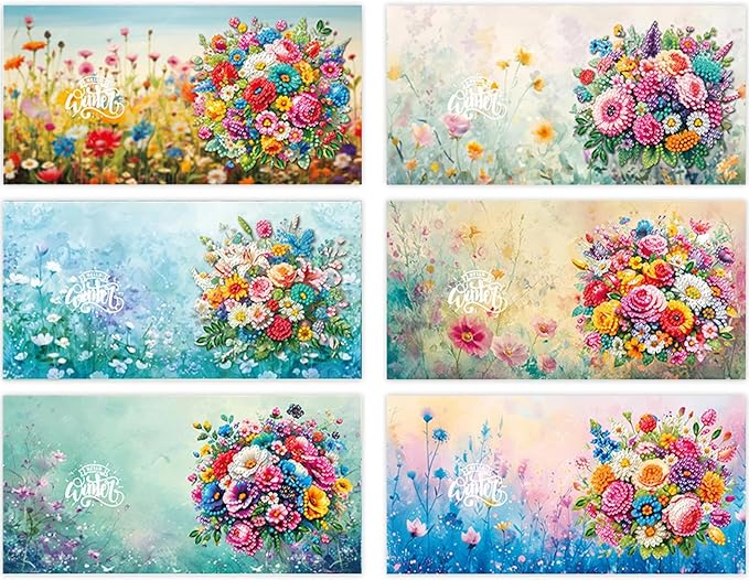 6pcs DIY Flowers Diamond Art Painting Greeting Cards Kit, Rhinestone Art Holiday Birthday Card Set with Envelopes, DIY Festival Craft for Girlfriend, Christmas Valentine Gift Making Supplies