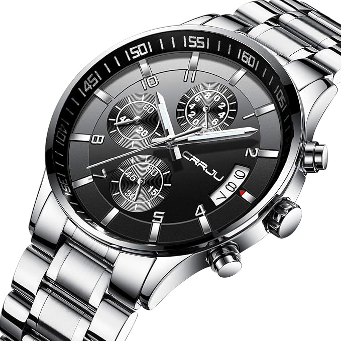CRRJU Men's Fashion Stainless Steel Watches Date Waterproof Chronograph Wristwatches,Black Steel Band Waterproof Quartz Watch for Men