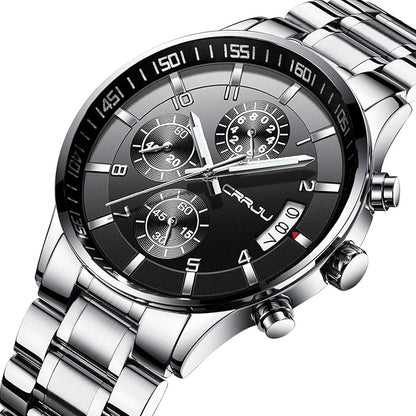 CRRJU Men's Fashion Stainless Steel Watches Date Waterproof Chronograph Wristwatches,Black Steel Band Waterproof Quartz Watch for Men