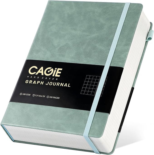 CAGIE Graph Notebook 320 Pages 100 GSM Paper Graphing Grid Journal B5 Hardcover Leather Quad Ruled Notebooks for Engineering, Math, Work, Green