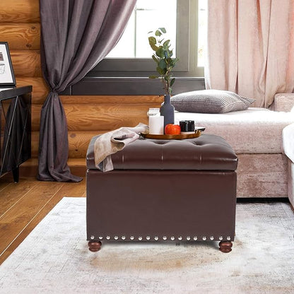 Adeco Button Tufted Accents Rectangular PU Leather Storage Bench Ottoman Footstool for Living Room Bedroom