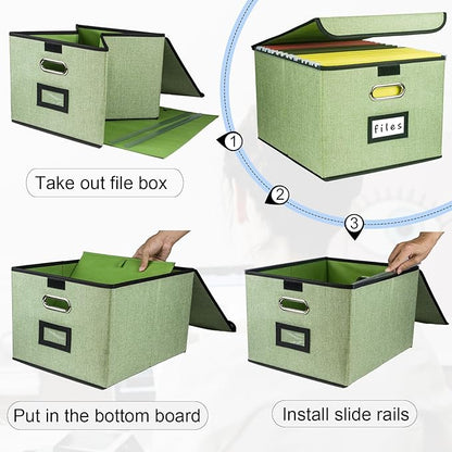 Collapsible File Organizer Box, filing Storage boxes for hanging files with lid, Linen Portable file folder box with handle, Decorative Document Storage Bin for Office/Home/School/Décor(Green)