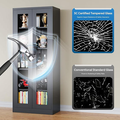 Display Storage Cabinet with Glass Door, 67 Inches Metal Curio Cabinet with 4 Adjustable Shelves, HD Tempered Glass Display Case for Home, Office, Clinic, Pantry, Assemble Required (Black)