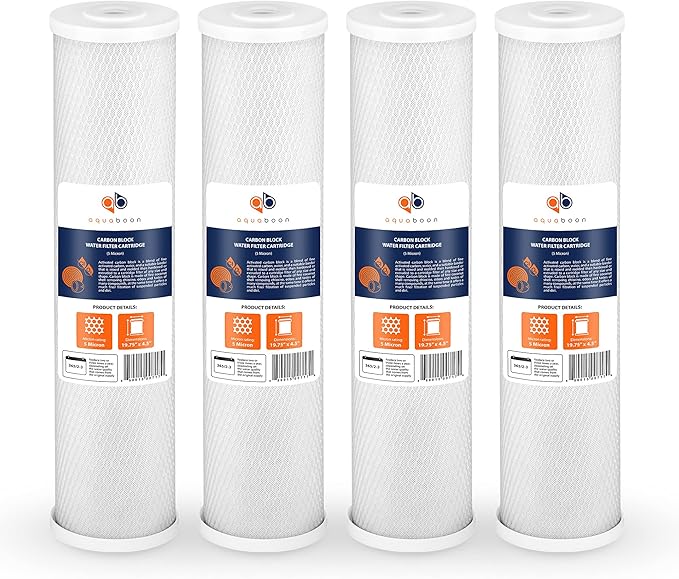 Aquaboon Carbon Water Filter Replacement - 5 Micron Water Filter 20 x 4.5 inch - Whole House CTO Carbon Block Water Cartridge Compatible with FC25B, EPM-20BB, CB-BB-20, 155783-43, 4 Pack